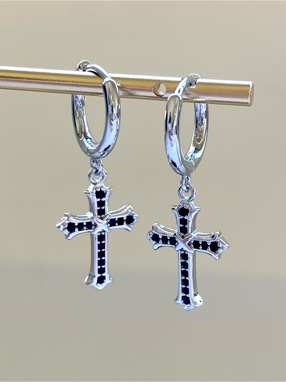 Silver Cross Hoop Earrings with Black Inlay